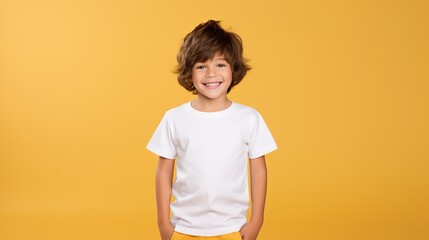 Happy smiling boy in white plain t-shirt posing on colored background