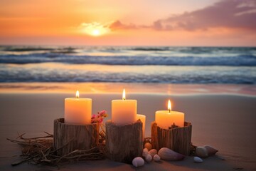 seashore candles with sunset backdrop. Generative AI