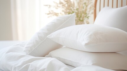 Fototapeta na wymiar Stack of white pillows, modern interior bedroom