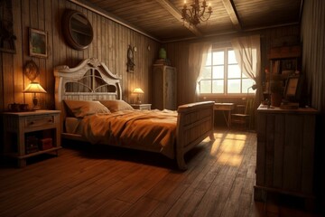 Cozy bedroom with wooden furniture. Generative AI