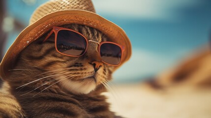 Cat in a Hat and Sunglasses Plays at the Beach