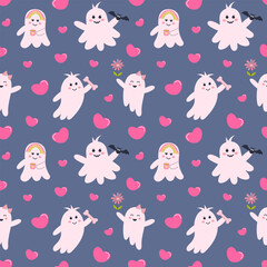 Cute pink halloween ghosts and hearts seamless pattern. Pastel glamour print for wrapping and textile.