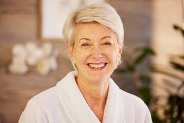 Fototapeta na wymiar Happy, portrait and senior woman at spa for health, wellness and anti aging skincare treatment. Calm, beauty and elderly female person at retirement resort for wrinkles face routine at natural salon.