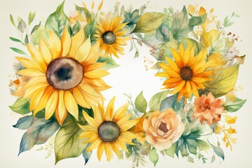 Circular watercolor artwork featuring sunflowers ideal for printing. Generative AI