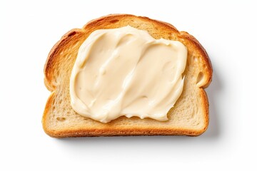 Bread with cream cheese on white background melted cheese toast from above - obrazy, fototapety, plakaty