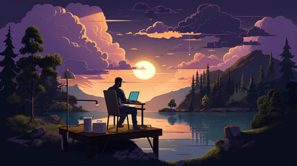 man at a computer on the dock at a lake