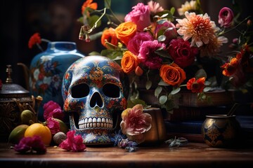 Day of the Dead Still Life, Colorful Mexican Dia de Muertos Offerings with Vibrant Skulls and Flowers - obrazy, fototapety, plakaty