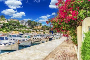 Fishing boats and sailboats anchored on the shore in the famous Port Cristo near the Cueva del...