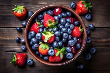 Fresh berries in a bowl on wooden background