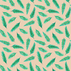 Hand drawn seamless pattern with pastel chalk green fir branches as christmas noel new year background on beige.