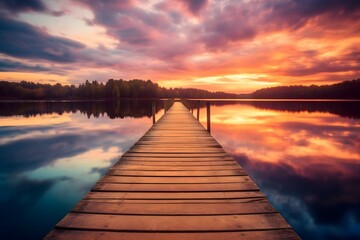 Wooden jetty on a lake at sunset. Beautiful summer landscape.