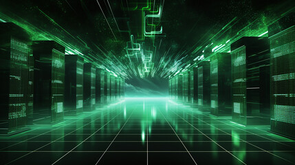 luminous futuristic green server landscape for cloud computing
