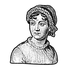 Portrait of novelist Jane Austen as retro stencil illustration with distressed grunge texture isolated on transparent background