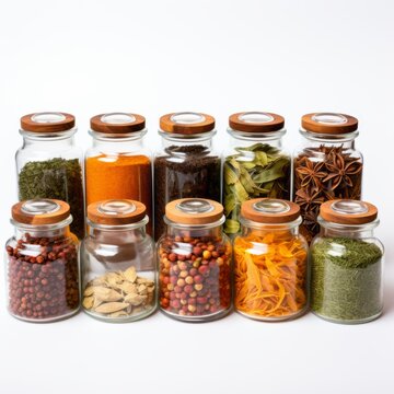 Assortment of Exotic Spices in Glass Jars Isolated on White Background