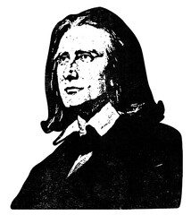 Portrait of composer Franz Liszt as retro stencil illustration with distressed grunge texture isolated on transparent background