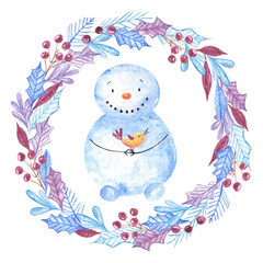 Watercolor christmas frame made of different colored blue,burgundy,violet mistletoe, holly leaves and berries with snowman holding little tiny bird.Isolated aquarelle christmas new year element