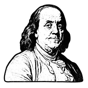 Portrait of American Founding Father Benjamin Franklin as retro stencil illustration with distressed grunge texture isolated on transparent background