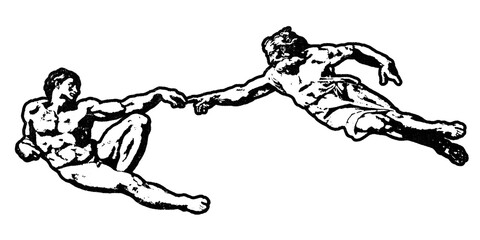 Retro stencil illustration stamp of Michelangelo’s Creation of Adam with distressed grunge texture isolated on transparent background © HTGanzo