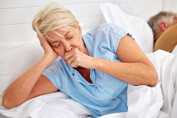 Couple, coughing or sick old woman in bed with husband or man with flu virus, tuberculosis or health problem. Chest pain, mature lady or senior person with cold, fever or lung illness in home bedroom - obrazy, fototapety, plakaty