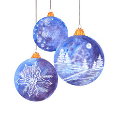 Background with hand drawn watercolor christmas balls with aquarelle stains and splashes textures in violet blue colors and white sketch with snowlakes,holly leaves, landscape.New year,xmas card