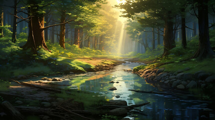 Traumhafte Fantasy-Landschaft im Anime-Stil mit Sonnenuntergang im Wald mit Nebel und Sonnenschein im Sommer - obrazy, fototapety, plakaty