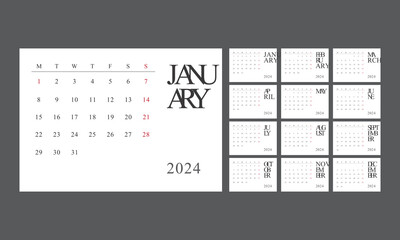 Desk calendar in a minimalist style. Monthly calendar template for 2024 year for business - obrazy, fototapety, plakaty