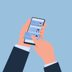 hand holding smart phone selecting potential new employees, metaphor of recruitment