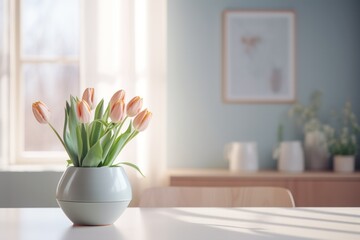 vase with bouquet of tulips on dining table