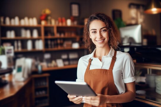 beautiful barista woman with a digital tablet stands behind the counter of a coffee shop - Powered by Adobe