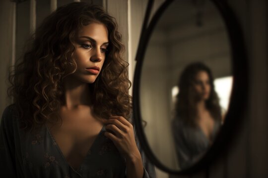 portrait of a woman looking at self reflection in mirror