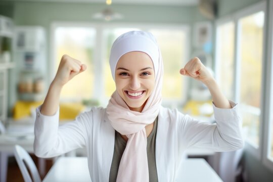 woman fighting cancer, wears a white scarf, and clenches her arms as a survivor fighter - Powered by Adobe