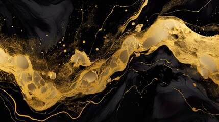Golden brushstrokes and splashes set against a black backdrop, ideal for business, research, and technology themes. Shiny, luxury visual abstract opulence with copy space, contemporary and modern.