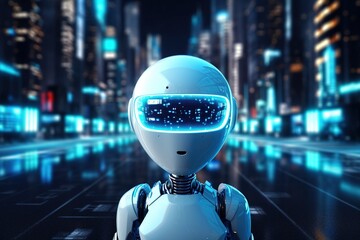 robot in front of night city in blue light