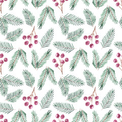Watercolor seamless pattern with green winter christmas tree fir branches and red burgundy ripe berries of rowanberry.New year party background