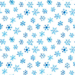 Hand drawn watercolor seamless pattern with blue colored snowflakes on white background.Winter decor wrapping paper backdrop.