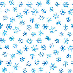 Hand drawn watercolor seamless pattern with blue colored snowflakes on white background.Winter decor wrapping paper backdrop.