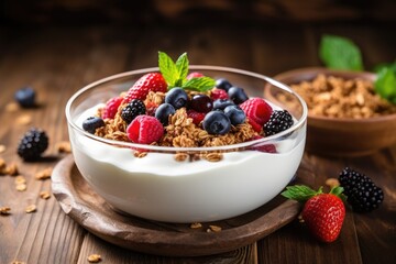 Healthy breakfast image featuring yogurt granola and berries on a white ceramic plate placed on a wooden background