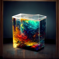 3D clear cube filled with liquid painting abstraction in dark space highly detailed 8k hdr minimalism 
