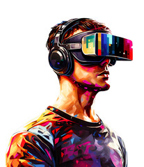 Styl popart, Virtual reality VR, chłopak w goglach VR i słuchawkach.. Transparentne tło. - obrazy, fototapety, plakaty