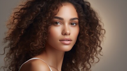 Beautiful dark skinned woman with curly hair in studio.