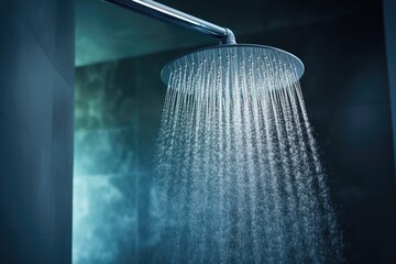 Modern bathroom with refreshing water droplets spraying from shower head - obrazy, fototapety, plakaty