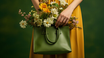 Woman holding green bag with flowers.