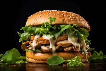 Mushroom and mozzarella cheese chicken sandwich on a cutting board with lettuce