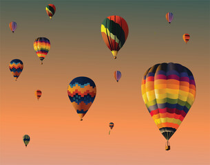 Obraz premium Vintage Air balloons on the sky, Vector Background. air balloons with background of mountains travel poster with air balloons