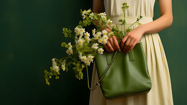 Woman holding green bag with flowers.