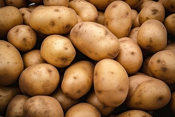 Organic potato stands out among large market potatoes Heap of root vegetables Close up texture Macro shot