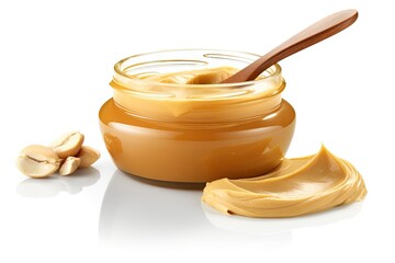 Peanut butter is creamy on a white background
