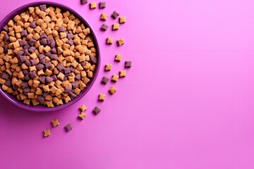 Pet care concept with pet training accessories dry food and purple background Flat lay top view
