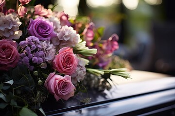 Flower closeup on an outdoor funeral casket - obrazy, fototapety, plakaty
