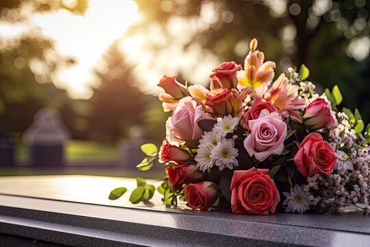 Floral tribute on headstone with distant tombs